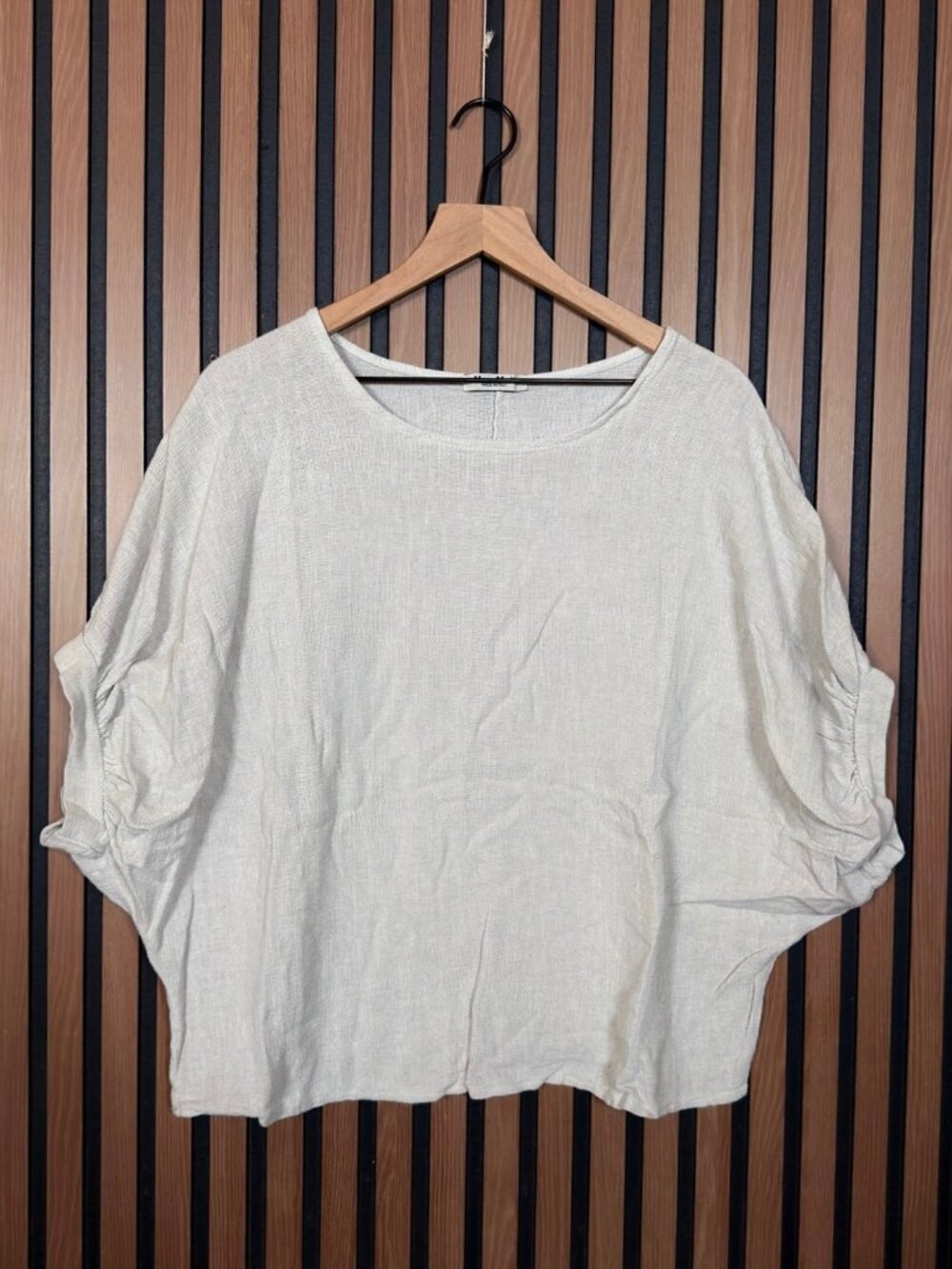 Meo Meli Blouse OS Womens Gray Ivory Woven Linen Cotton Tunic Cap Sleeve